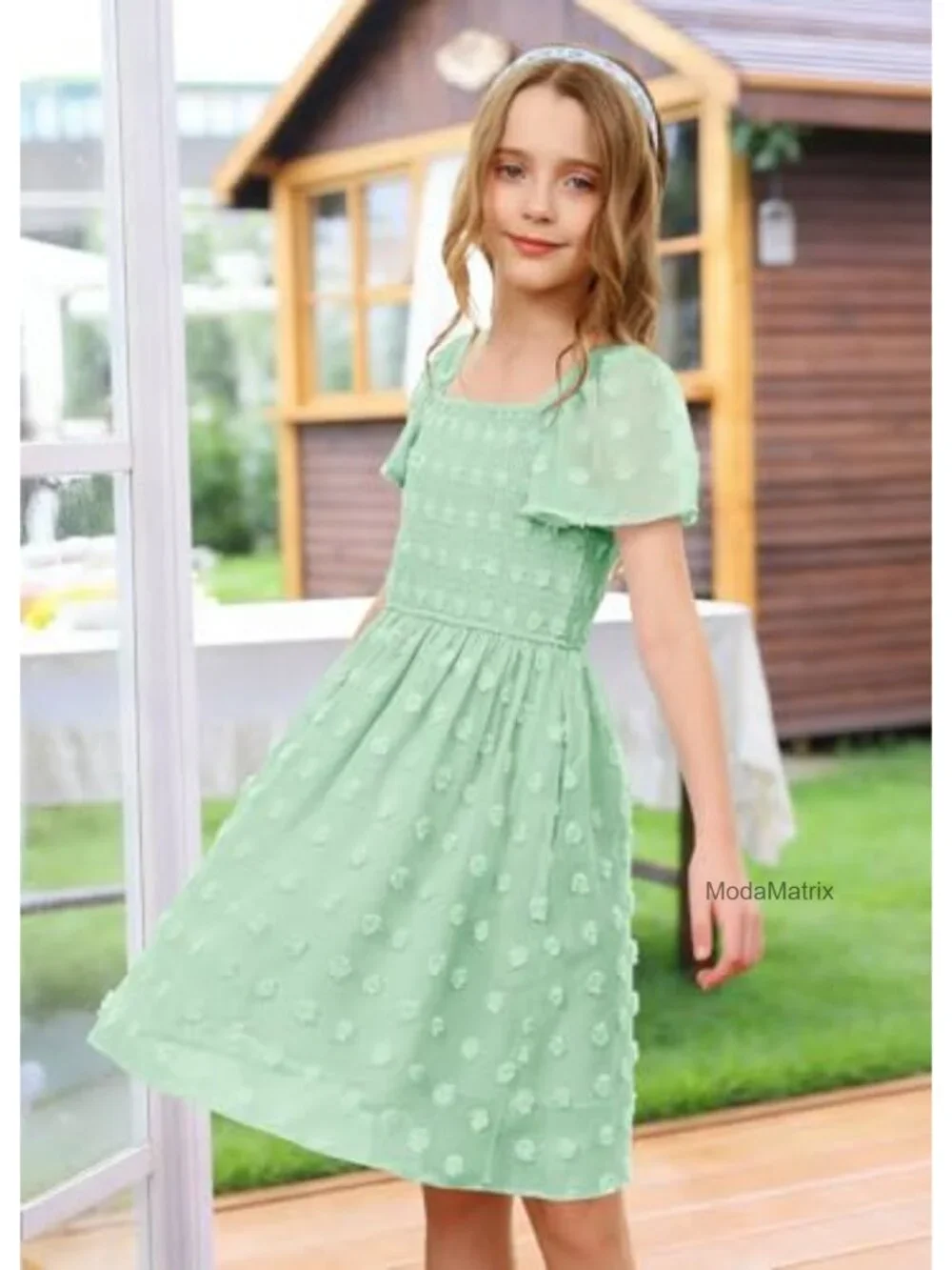 Girls Swiss Dot Square Neck Smocked A-Line Dress with Pockets